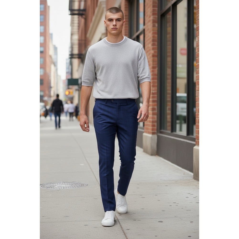 NWT Indochino Yaletown 52 Blue Windowpane 100% Wool Dress Pants 36x31 Custom